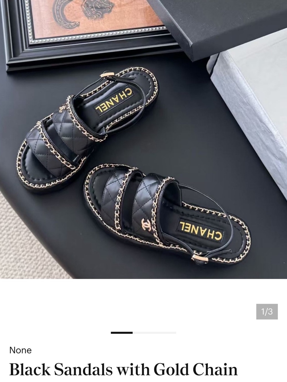 Black Quilted Leather Sandals with Gold Chain Trim